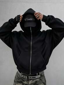STYNVO Men's Letter Print Long Sleeve Zip-Up Hooded Sweatshirt - Black - View 2