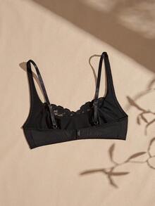 Sujetador inalámbrico de mujer Lullawish de color liso con patchwork de encaje romántico - Negro - Ver 2