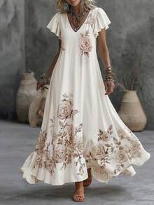 Holdful Holdful Women's V-Neck Ruffle Sleeve Short Sleeve Elegant Celestial Sexy Casual Boho Rose Pattern Floral White Dress A-Line Party Formal Summer - Multicolor - View 6
