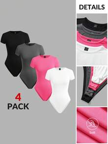 SHEIN BASICS 4件組女款素色針織圓領短袖修身連身衣夏季套裝 - 玫紅色 - 查看 10