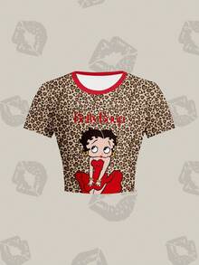 Betty Boop x SHEIN 女士豹纹短袖露脐T恤 - 白色 - 查看 1