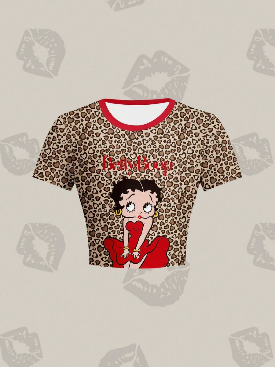 Betty Boop x SHEIN 女士豹纹短袖露脐T恤 - 白色 - 查看 1