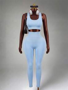 Mistrie Women Twist Back Cropped Tank Top And Sports Leggings Set Workout Women Sets - Baby Blue - View 4