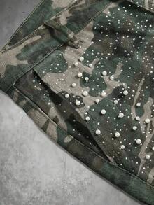 Manfinity EMRG Men's Camouflage Pattern Rhinestone Decorated Casual Denim Cargo Shorts - Army Green - View 4