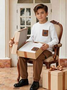 SHEIN 2-teiliges Kinder-Tween-Jungen-Strickset, lässig und süß, mit Farbblock-Patchwork, Rundhals-Pullover, langärmelig, mit Aufnäher-Taschen und gestrickter langer Hose mit Bündchen, geeignet für Schule, Alltag, Urlaub, Reisen und Sport, Herbst/Winter - Khaki - Übersicht 4