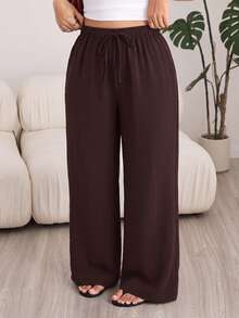 Solflare Plus Size Solid Color Casual Drawstring Waist Pocket Loose Long Pants - Coffee Brown - View 4