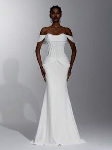 Elitara Elegant Luxurious Satin Off-Shoulder Ruched Bust Fan-Shaped Waist Pleats Flattering Belly Bodycon Mermaid Tail Long Skirt Style, Suitable For Wedding Ceremony, Celebration, Red Carpet Event, Luxury Reception And Evening Party, Outdoor Forest Beach, Multi-Occasion Bridal Gown, Wedding Dress, Wedding Guest Dress, Long Gown - White - View 5
