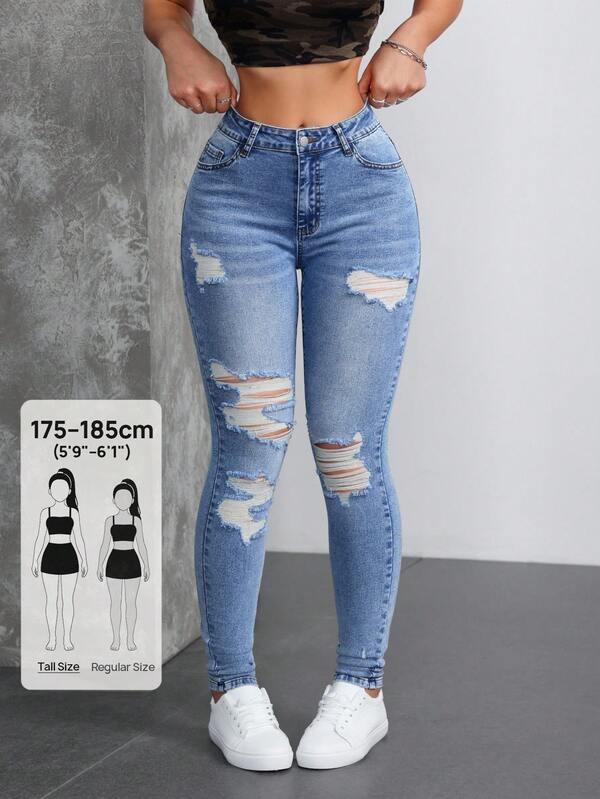 SHEIN Tall 女款口袋細節做舊修身休閒百搭牛仔褲，適合高個女性