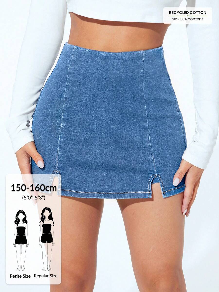 SHEIN PETITE Casual Washed High Waist Slit Denim Shorts ,Petite Women - Blue - View 1