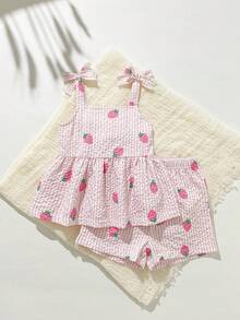 SHEIN Playful Pals 2件組女嬰幼兒/新生兒 0-3歲 春夏休閒日常可愛度假條紋蝴蝶結圖案背心上衣+短褲套裝 - 彩色 - 查看 1