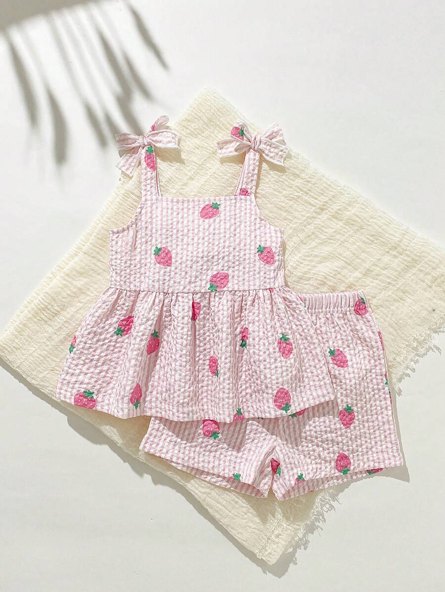 SHEIN Playful Pals 2件組女嬰幼兒/新生兒 0-3歲 春夏休閒日常可愛度假條紋蝴蝶結圖案背心上衣+短褲套裝 - 彩色 - 查看 1