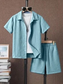 SHEIN 青少年男孩夏季休閒純色襯衫與短褲兩件套 - 綠色 - 查看 3