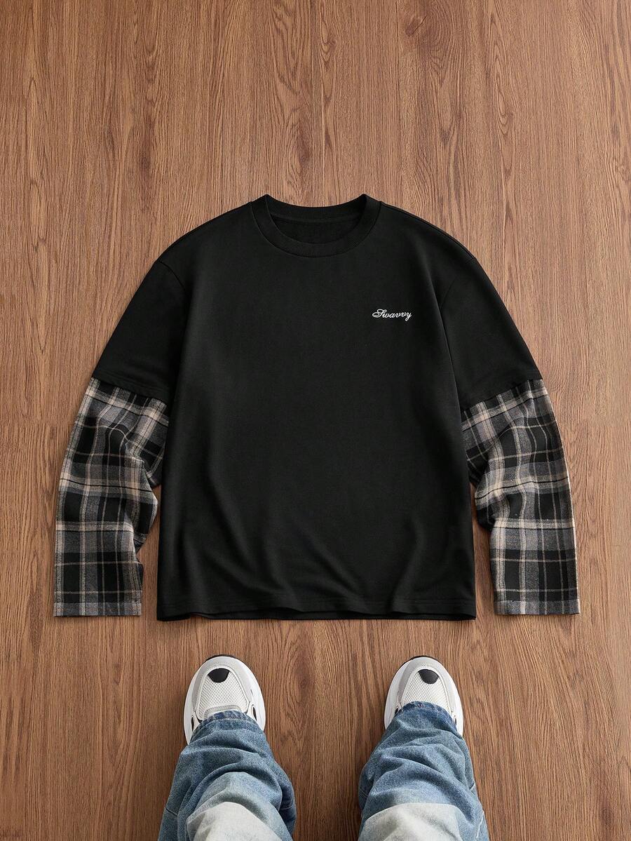SWAVVY Men's Patchwork Plaid 2 In 1 Long Sleeve Casual T-Shirt - Multicolor - View 1