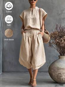 SHEIN Holidaya 新款淺色水洗亞麻POLO落肩七分燈籠褲兩件套，休閒度假風，適合假期、日常通勤與旅行 - 杏色 - 查看 7