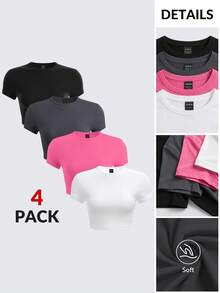 SHEIN BASICS 4件組女款休閒素色針織圓領短袖修身短版T恤夏季上衣 - 彩色 - 查看 3