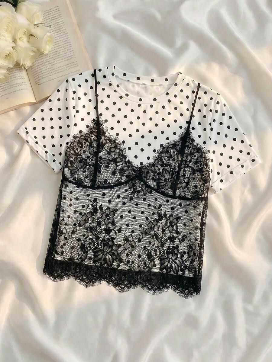 SHEIN MOD 女款黑白波點 2 合 1 蕾絲拼接圓領短版 T-shirt - 黑與白 - 查看 1