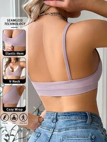 SHEIN 1pc Women's Solid Color Ribbed Casual Bralette (Wire-Free) - Mauve Purple - View 2