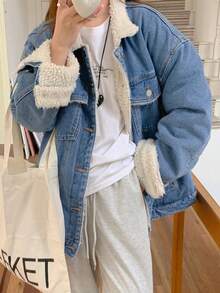 DAZY Jaket Denim Kasual Wanita Lengan Panjang Kancing Depan dengan Saku dan Hiasan Bulu Halus, Lapisan Termal - Medium Wash - View 1