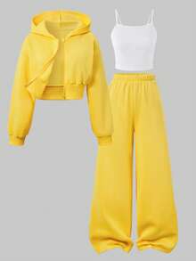 SHEIN ChillGRL 青少年女孩長袖抓絨秋冬純色保暖內裡拉鍊連帽外套、背心與寬腿褲休閒三件套，秋季穿搭 - 黃色 - 查看 3