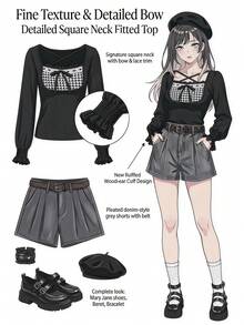 FRIFUL Camiseta para mujer de estilo coreano nuevo de principios de otoño con cuello de lazo, decoración de lazo, patchwork a cuadros y puños, top lindo - Negro - Ver 2
