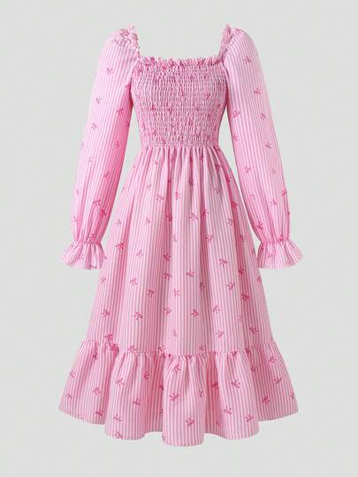 Pink Stripe Bow Teen Girls Midi Dress, Square Neck Smocked Puff Sleeve Ruffle Hem