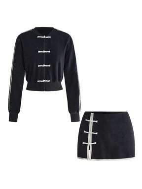 ROMWE Avant Women's 2 Pieces Sporty Set, New Chinese Style A-Line Skirt, Sexy Personalized Long Sleeve, Autumn Streetwear
