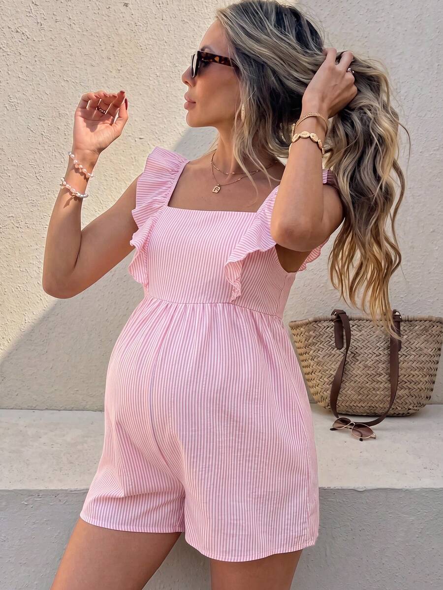 SHEIN 女款條紋孕婦連身褲,夏季時尚休閒粉紅色 - 粉色 - 查看 1