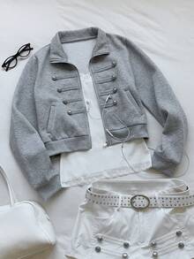 Comfortcana Women's Solid Color Pocket Casual Versatile Daily Long Sleeve Sweatshirt Autumn For Women Back To School Going Out Y2K Top Streetwear - Grey - View 9