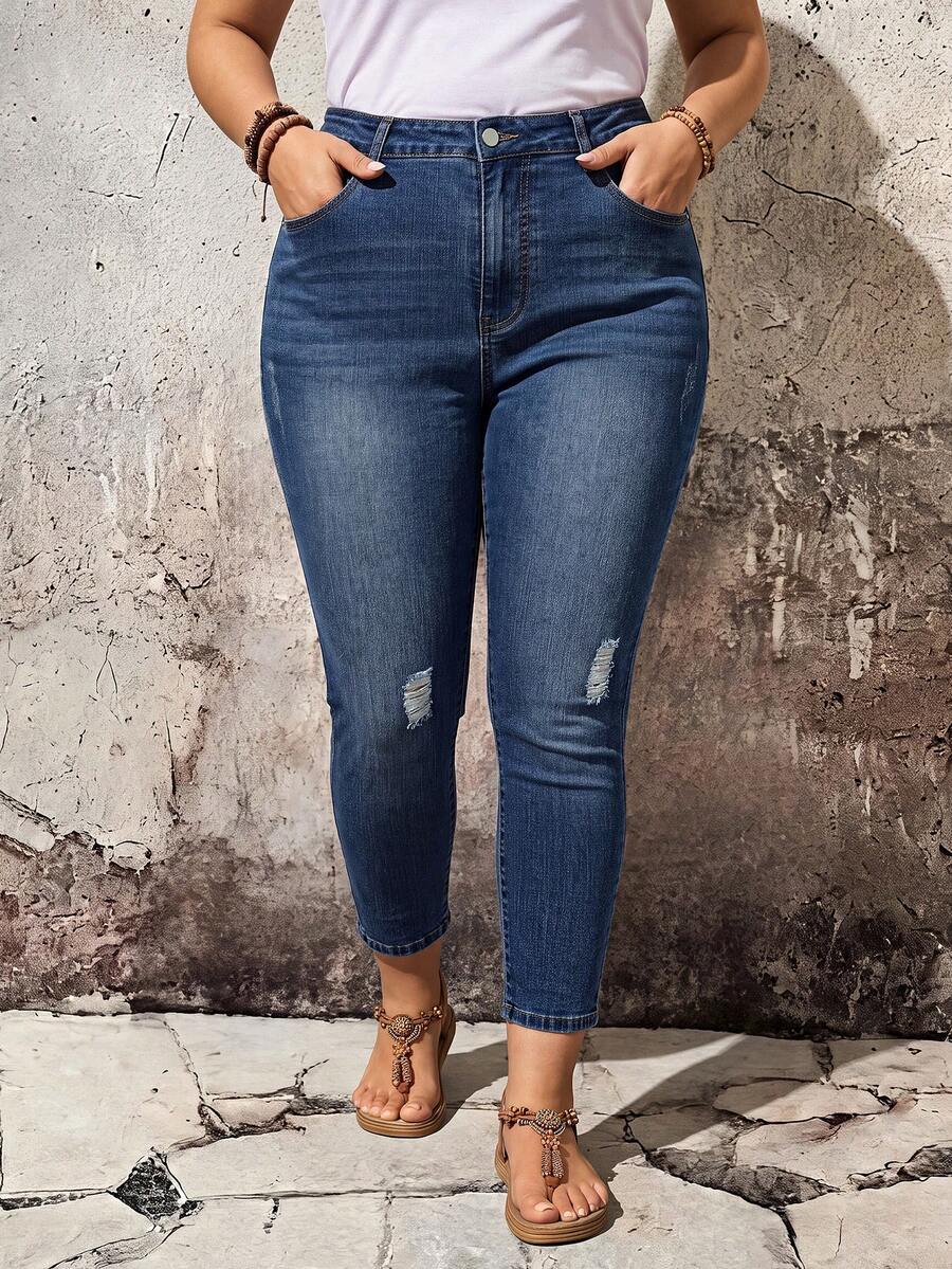 EMERY ROSE Jeans de Mezclilla Skinny Lavados y Desgastados Talla Grande - Azul lavado medio - Ver 1