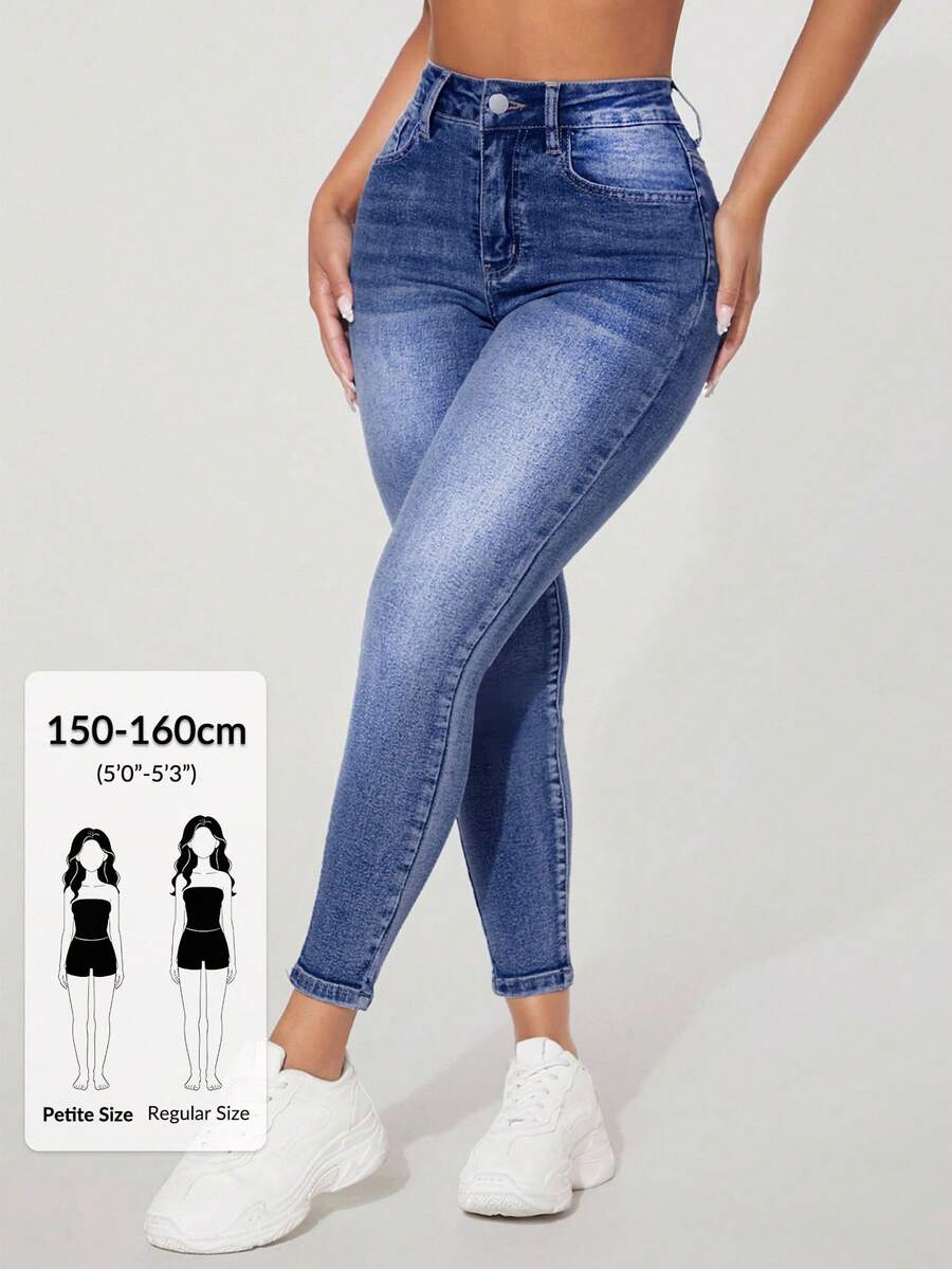 SHEIN PETITE 高腰鈕扣裝飾修身彈性破洞 Y2K 牛仔褲,保暖內裡修身牛仔褲附口袋,秋冬加厚丹寧,適合嬌小女性 - 中等水洗藍 - 查看 1