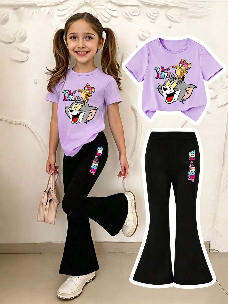 TOM & JERRY X SHEIN GraphicGems 少女休闲卡通字母印花短袖T恤和喇叭裤套装,适合春、夏、秋季穿着。 - 紫色 - 查看 1