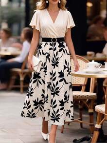 Elenzga Abito estivo elegante da donna taglie forti per il pendolarismo, scollo a V, maniche corte, color block, vita stretta, linea ad A - Albicocca - Visualizzare 5