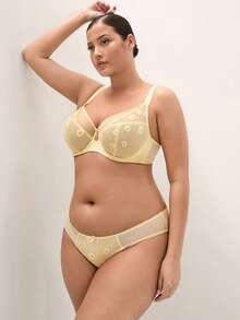 LUVLETTE Plus Daisy Embroidered Elegance Lingerie Lounge Curve Full Coverage Breathable Unlined Floral Lace Yellow Sheer Minimizer Mesh Intimates Bra - Yellow - View 9