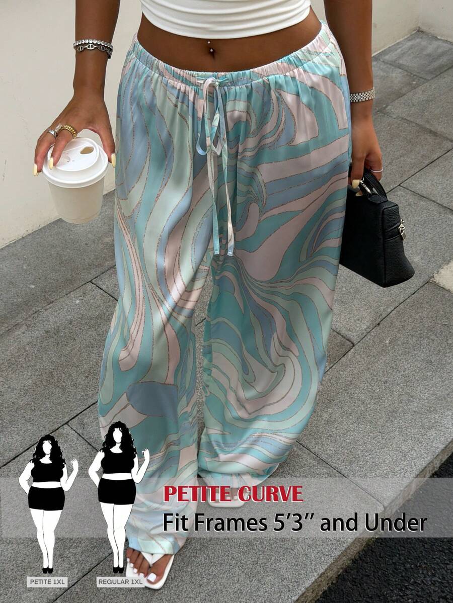 SHEIN PETITE CURVE 大尺碼女款全印花腰部繫帶直筒寬鬆長褲 - 彩色 - 查看 1