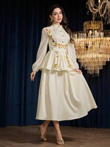 Modelyn 2 件女式花卉印花雪纺衬衫和 A 字裙套装，优雅浪漫 - 白色 - 查看 4