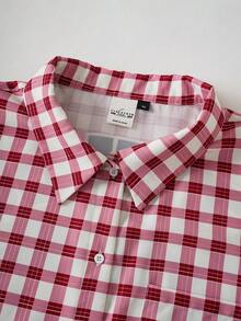 Betty Boop x SHEIN Plus Size Women Plaid Short Sleeve Casual Shirt, - Red and White - View 3