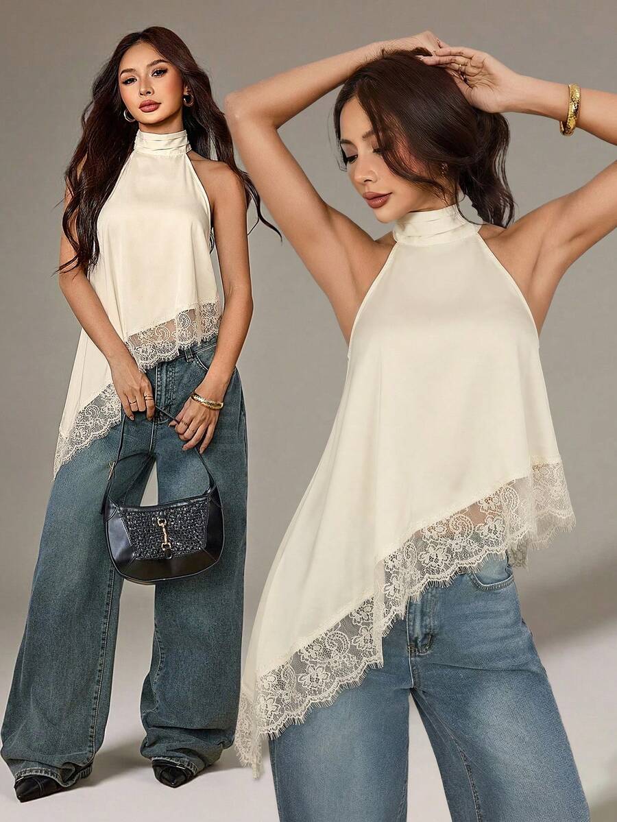 SHEIN PETITE 優雅奶油色不對稱高領掛脖上衣,蕾絲飾邊,無袖夏季襯衫,適合晚宴、雞尾酒會、約會之夜與婚禮賓客,適合嬌小女性 - 杏色 - 查看 1