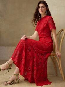 MOTF PREMIUM ELEGANT LACE MERMAID TAIL MIDI DRESS FOR WOMEN - Red - View 3