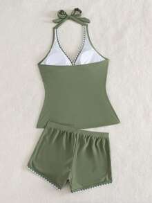 SHEIN Swim 女款純色兩件式細肩帶背心比基尼泳衣，胸前交叉設計，花卉刺繡，休閒熱帶風，適合夏季海灘 - 軍綠色 - 查看 5