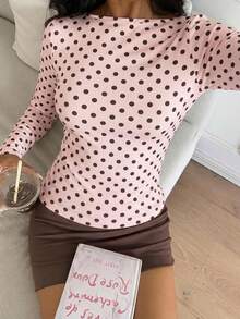 CovetEZ Casual Minimalist Sexy Pink Base Brown Polka Dot Long Sleeve T-Shirt, Suitable For Autumn/Winter Season, Pink Base Brown Polka Dot Makes You Look Fairer - Multicolor - View 4