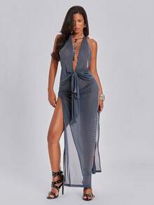 ACID BLVD Summer Casual Sexy Y2K Party Semi-Sheer Glitter Textured Deep V-Neck Tie-Up Backless Metal Chain Women's Dress - Dark Grey - View 5