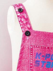 女童牛仔印花鏈條裝飾字母印花趣味酷感連身褲，春夏季秋季返校穿搭，7歲生日，嬰兒粉 - 粉色 - 查看 5