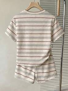 Tween女孩米色條紋2件組T恤與短褲套裝，圓領短袖，夏季度假穿搭，休閒通勤與校園、畢業、運動 - 彩色 - 查看 2