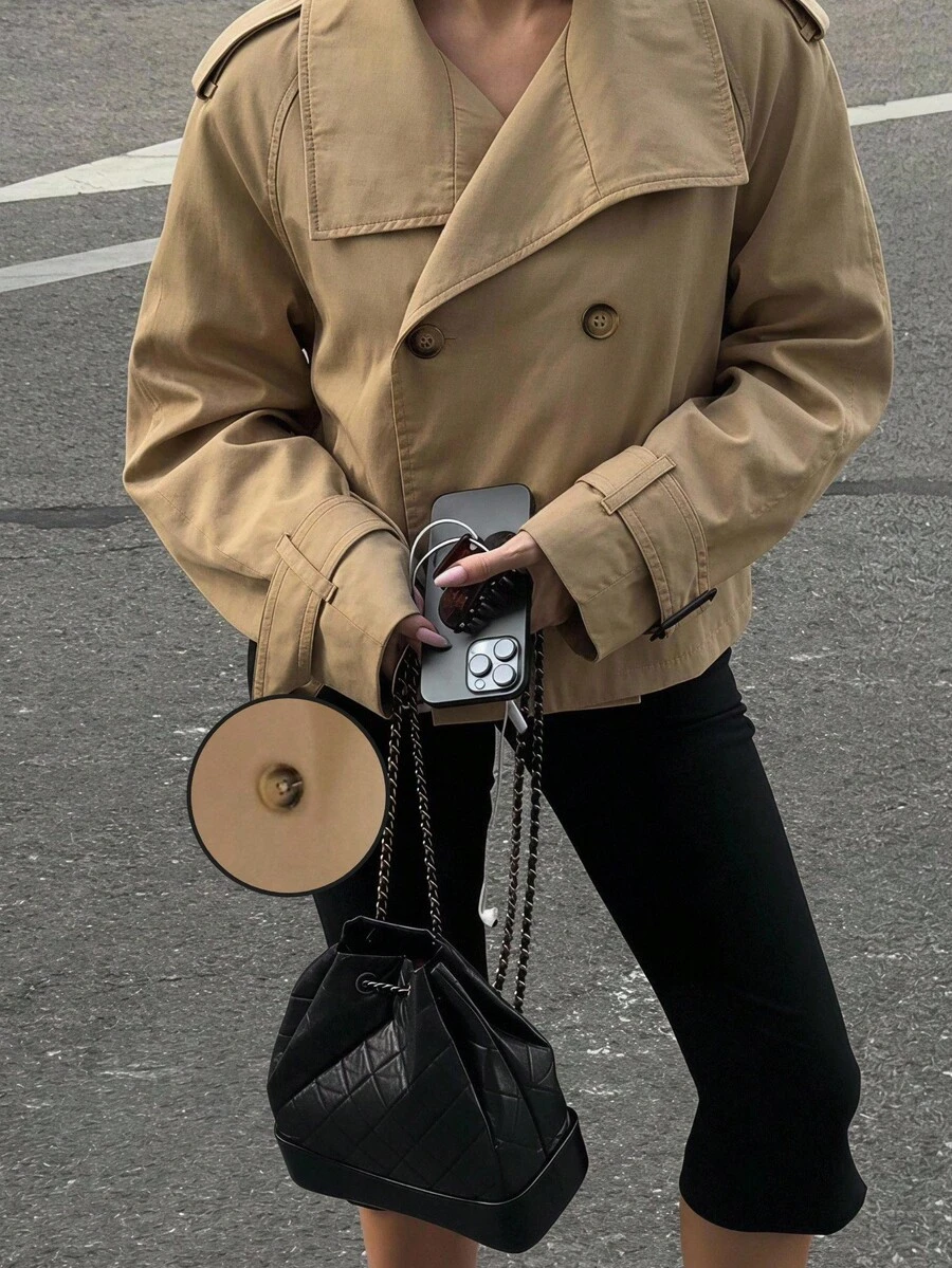 SHEIN EZwear 卡其色女款梭織雙排扣風衣