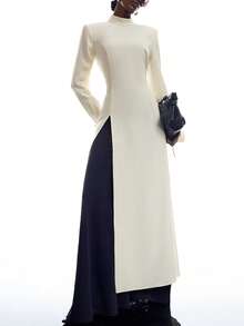 LYSMO Women's Solid Color Stand Collar Side Slit Hem Long Dress Concert Outfits Concert Outfit For Women - Beige - View 1