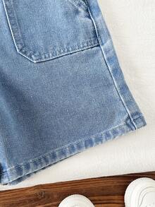 Girls' Summer Washed Comfortable Street Outdoor Fashion Campus Style Denim Decor Loose Soft Premium Cotton Fabric Mid-Blue Washed Denim Overall Shorts - Medium Wash - View 6