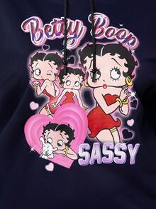 Betty Boop x SHEIN Plus Size Casual Fashionable Versatile Loose Drop Shoulder Drawstring Sweatshirt, Y2K Gradient Cartoon Print, Navy Blue, For Women In Autumn Winter Fall - Blue - View 4