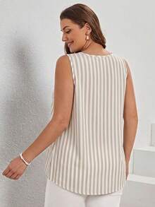 Comfylo Casual Versatile Daily Plus Size Contrast Color Striped Pattern V-Neck Pleated Tank Top, Spring/Summer - Multicolor - View 2