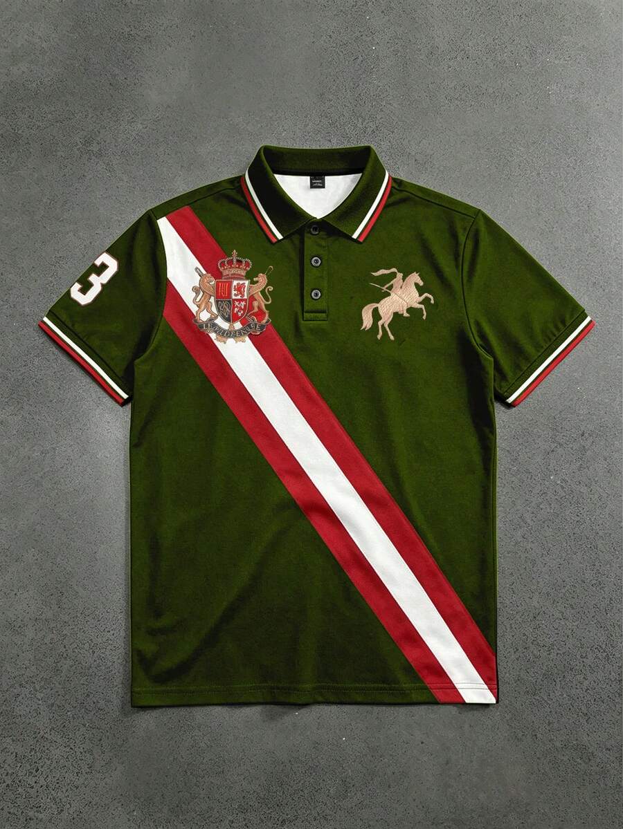STYNVO 男士條紋短袖休閒通勤 Polo 衫 - 軍綠色 - 查看 1