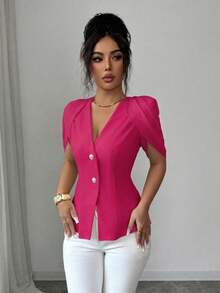 SHEIN Elenzya Women's Elegant Romantic Tailored Blazer With V-Neck, Pleated And Cinched Waist - Hot Pink - View 5